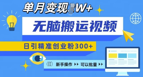 无脑搬运视频号可批量复制，新手即可操作，日引精准创业粉300+，月变现过W 【揭秘】-天韵资源网