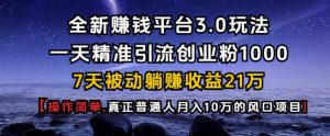 全新赚钱平台3.0玩法一天精准引流创业粉1000.7天被动躺Z收益21W【仅揭秘】-天韵资源网