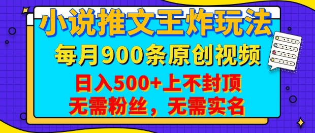 小说推文王炸玩法，一键代发，每月最多领900条原创视频，播放量收益日入5张，无需粉丝，无需实名【揭秘】-天韵资源网