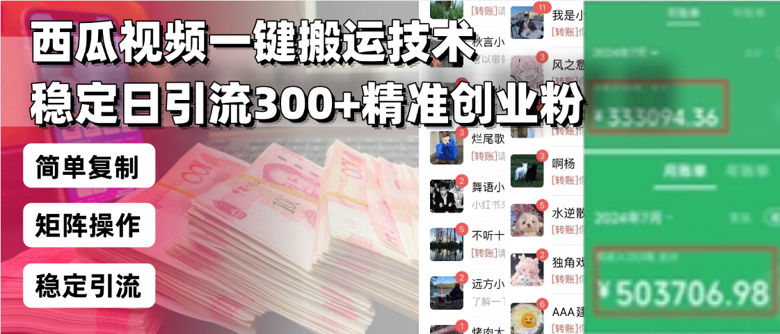 西瓜视频一键搬运技术，稳定日引流300+精准创业粉，简单可复制给团队，…-天韵资源网