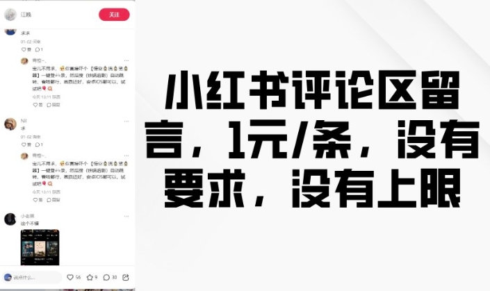小红书评论区留言，1元条，没有要求，没有上限-天韵资源网