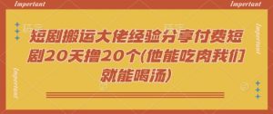 短剧搬运大佬经验分享付费短剧20天撸20个(他能吃肉我们就能喝汤)-天韵资源网