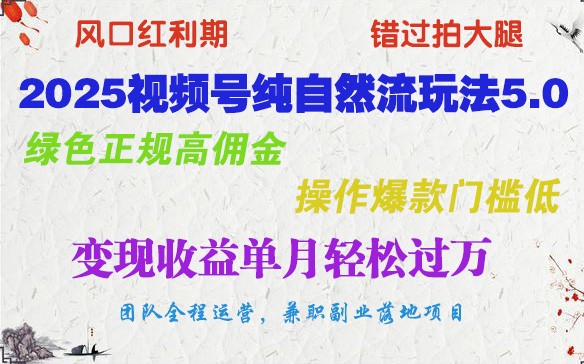 2025视频号纯自然流玩法5.0，绿色正规高佣金，操作爆款门槛低，变现收益单月轻松过万-天韵资源网