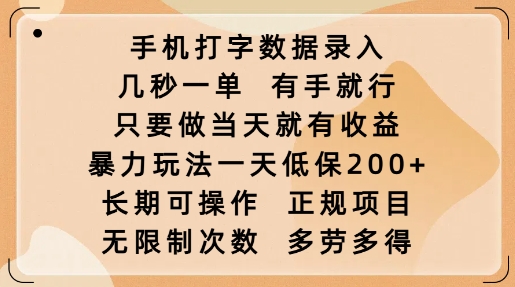 手机打字数据录入，几秒一单，有手就行，只要做当天就有收益，暴力玩法一天低保2张-天韵资源网