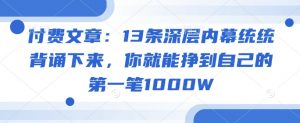 付费文章：13条深层内幕统统背诵下来，你就能挣到自己的第一笔1000W-天韵资源网