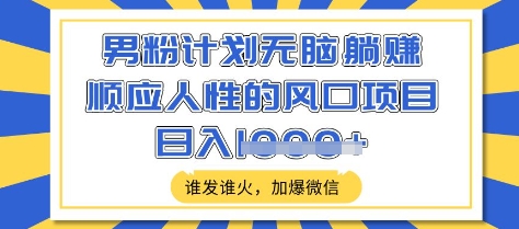 男粉计划无脑躺Z，顺应人性的风口项目，谁发谁火，加爆微信，日入多张【揭秘】-天韵资源网