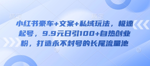 小红书豪车+文案+私域玩法，极速起号，9.9元日引100+自热创业粉，打造永不封号的长尾流量池-天韵资源网