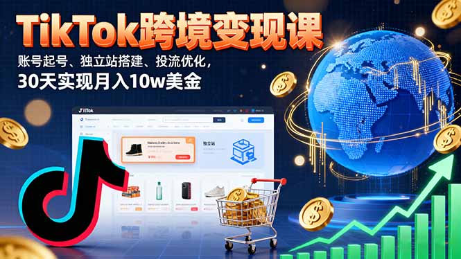 TikTok跨境变现课：账号起号、独立站搭建、投流优化，30天实现月入10w美金-天韵资源网