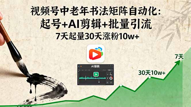 视频号中老年书法矩阵自动化：起号+AI剪辑+批量引流 7天起量30天涨粉10w+-天韵资源网