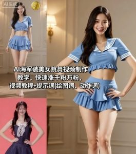 AI海军装美女跳舞视频制作教学，快速涨千粉万粉，视频教程+提示词(绘图词、动作词)-天韵资源网