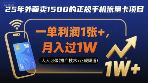 25年外面卖1500的正规手机流量卡项目，一单利润1张+，月入过1W，人人可做(推广技术+正规渠道)【揭秘】-天韵资源网