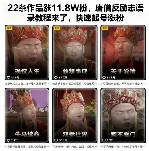 22条作品涨11.8W粉,唐僧反励志语录教程来了,快速起号涨粉-天韵资源网