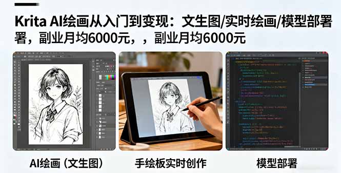 Krita AI绘画从入门到变现：文生图/实时绘画/模型部署，副业月均6000元-天韵资源网
