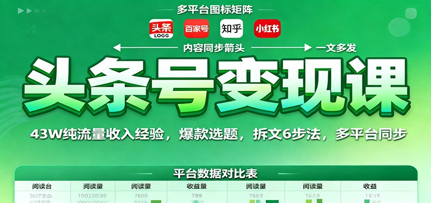 头条号变现课:43W纯流量收入经验,爆款选题,拆文6步法,多平台同步-天韵资源网