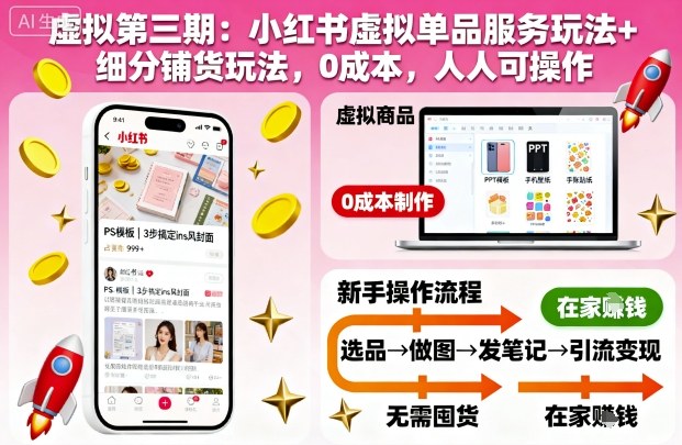 虚拟第三期:小红书虚拟单品服务玩法+细分铺货玩法,0成本,人人可操作-天韵资源网