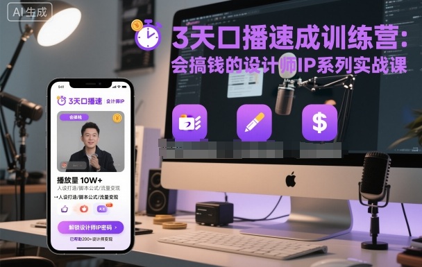 3天口播速成训练营，会搞钱的设计师IP系列实战课-天韵资源网