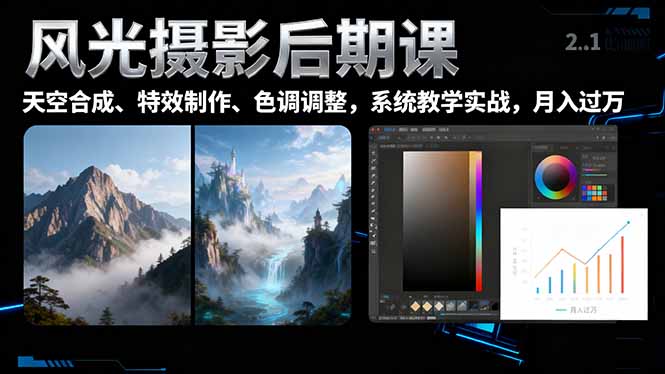 风光摄影后期课，一键换天空合成、特效制作、色调调整，月入过万-天韵资源网