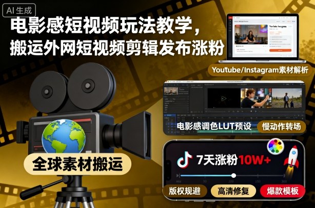电影感短视频玩法教学,搬运外网短视频剪辑发布涨粉-天韵资源网