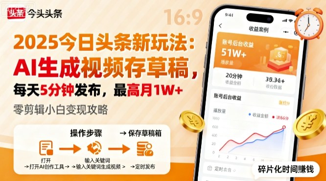 2025年今日头条躺賺新玩法，AI生成视频存草稿，每天5分钟发布，最高月1W+【揭秘】-天韵资源网