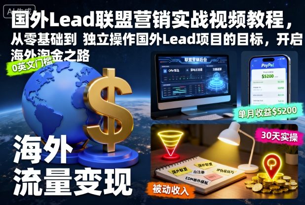 国外Lead联盟营销实战视频教程，从零基础到独立操作国外Lead项目的目标，开启海外淘金之路-天韵资源网