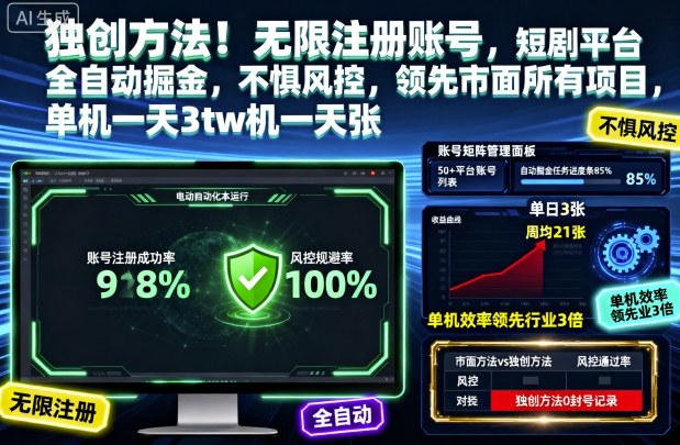 独创方法!无限注册账号,短剧平台全自动掘金,不惧风控,领先市面所有项目,单机一天3张【揭秘】-天韵资源网