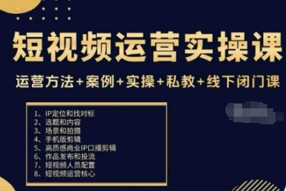短视频运营实操课，运营方法+案例+实操+私教+线下闭门课-天韵资源网