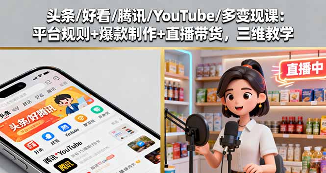 头条/好看/腾讯/YouTube/多变现课：平台规则+爆款制作+直播带货，三维教学-天韵资源网