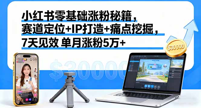 小红书零基础涨粉秘籍，赛道定位+IP打造+痛点挖掘，7天见效 单月涨粉5万+-天韵资源网