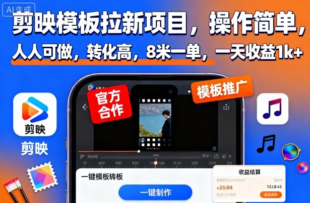 剪映模板拉新项目,操作简单,人人可做,转化高,8米一单,一天收益1k+-天韵资源网