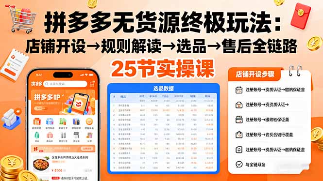 拼多多无货源终极玩法：店铺开设→规则解读→选品→售后全链路,25节实操课-天韵资源网