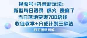 视频号加抖音新玩法：爆火新型每日语录，收徒教学加分成计划，三种变现玩法，当日变现7张-天韵资源网