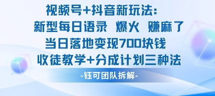 视频号加抖音新玩法：爆火新型每日语录，收徒教学加分成计划，三种变现玩法，当日变现7张-天韵资源网