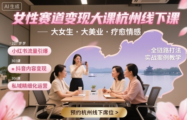 女性赛道变现大课杭州线下，大女生，大美业，疗愈情感，一套小红书、抖音、私域全链路打法-天韵资源网