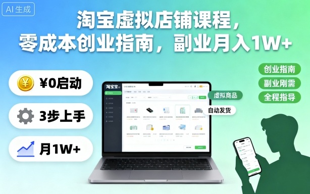 淘宝虚拟店铺课程,零成本创业指南,副业月入1W+-天韵资源网