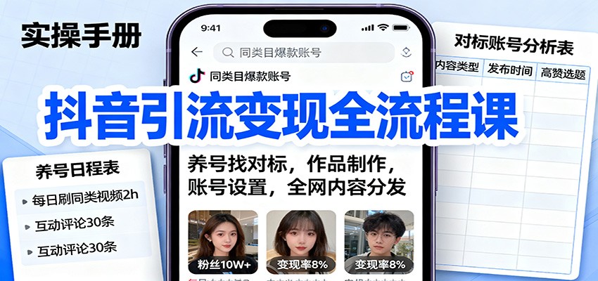 抖音引流变现全流程课：养号找对标，作品制作，账号设置，全网内容分发-天韵资源网