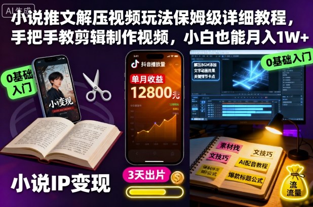 小说推文解压视频玩法保姆级详细教程,手把手教剪辑制作视频,小白也能月入1W+-天韵资源网