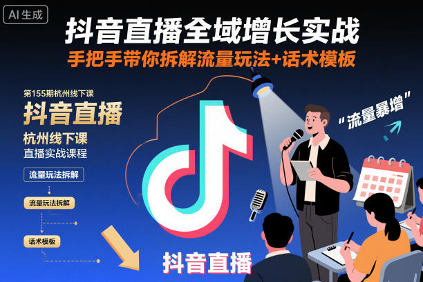 抖音直播全域增长实战第155期杭州线下课,手把手带你拆解流量玩法+话术模板-天韵资源网
