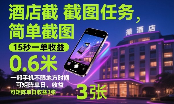 酒店截图任务,简单截图,15秒一单收益0.6米,一部手机不限地方时间,可矩阵单日收益3张【揭秘】-天韵资源网