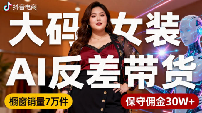 抖音小众赛道，大码女装AI反差带货，不用直播，每天6条作品，橱窗卖7万件，保守佣金30W+-天韵资源网