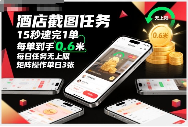酒店截图任务,15秒速完1单,每单到手0.6米,每日任务无上限,全网首发玩法,矩阵操作单日3张【揭秘】-天韵资源网
