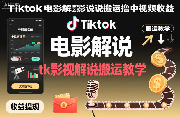 Tiktok电影解说搬运撸中视频收益,tk影视解说搬运教学-天韵资源网