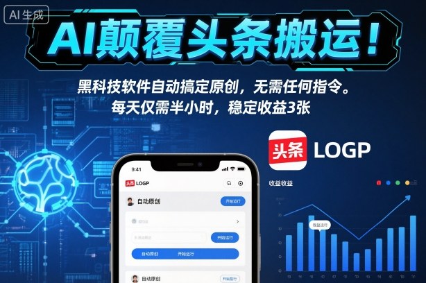 AI颠覆头条搬运!黑科技软件自动搞定原创,无需任何指令。每天仅需半小时,稳定收益3张【揭秘】-天韵资源网