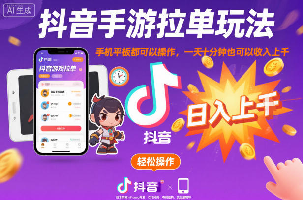 抖音手游拉单玩法,手机平板都可以操作,一天十分钟也可以收入上K【揭秘】-天韵资源网