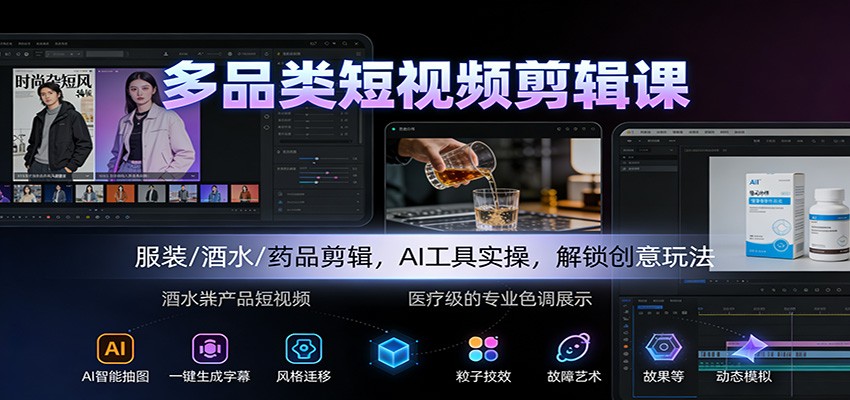 多品类短视频剪辑课:服装/酒水/药品剪辑,AI工具实操,解锁创意玩法-天韵资源网