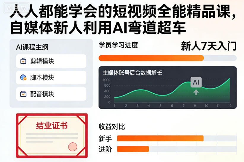 人人都能学会的短视频全能精品课，自媒体新人利用AI弯道超车-天韵资源网