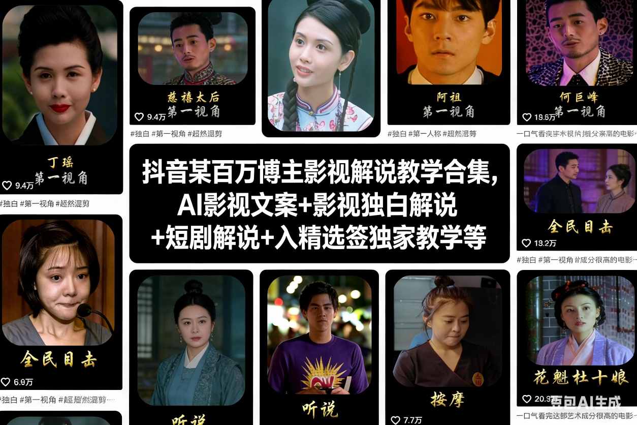 抖音某百万博主影视解说教学合集，AI影视文案+影视独白解说+短剧解说+入精选签独家教学等-天韵资源网