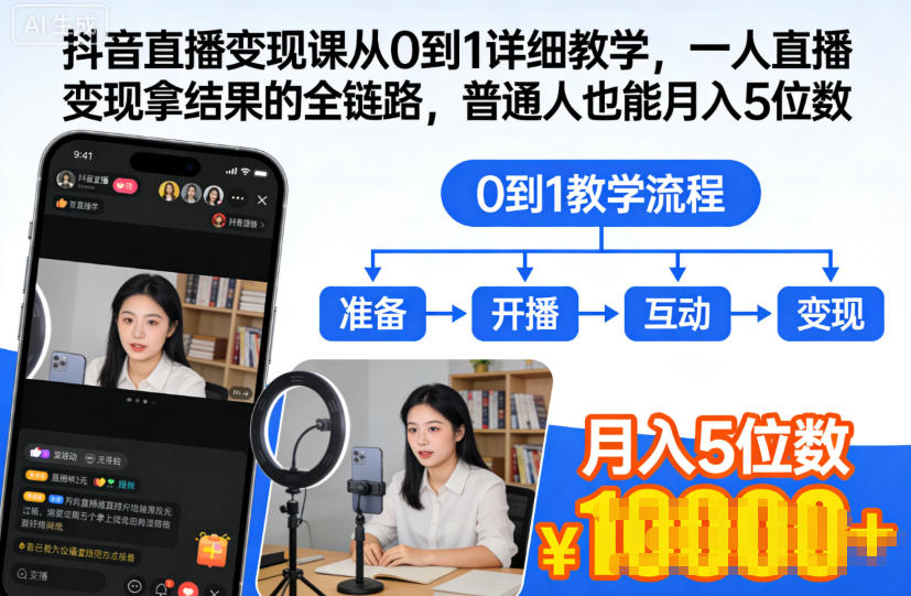 抖音直播变现课从0到1详细教学，一人直播变现拿结果的全链路，普通人也能月入5位数-天韵资源网