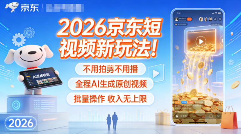 2026京东短视频新玩法！不用拍剪不用播，全程AI生成原创视频，批量操作收入无上限-天韵资源网