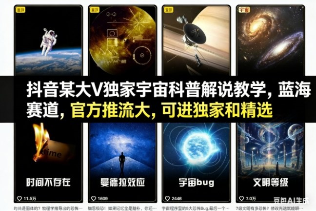 抖音某大V独家宇宙科普解说教学，蓝海赛道，官方推流大，可进独家和精选-天韵资源网