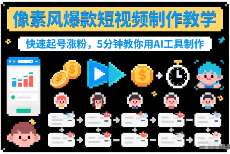 像素风爆款短视频制作教学，快速起号涨粉，5分钟教你用AI工具制作-天韵资源网